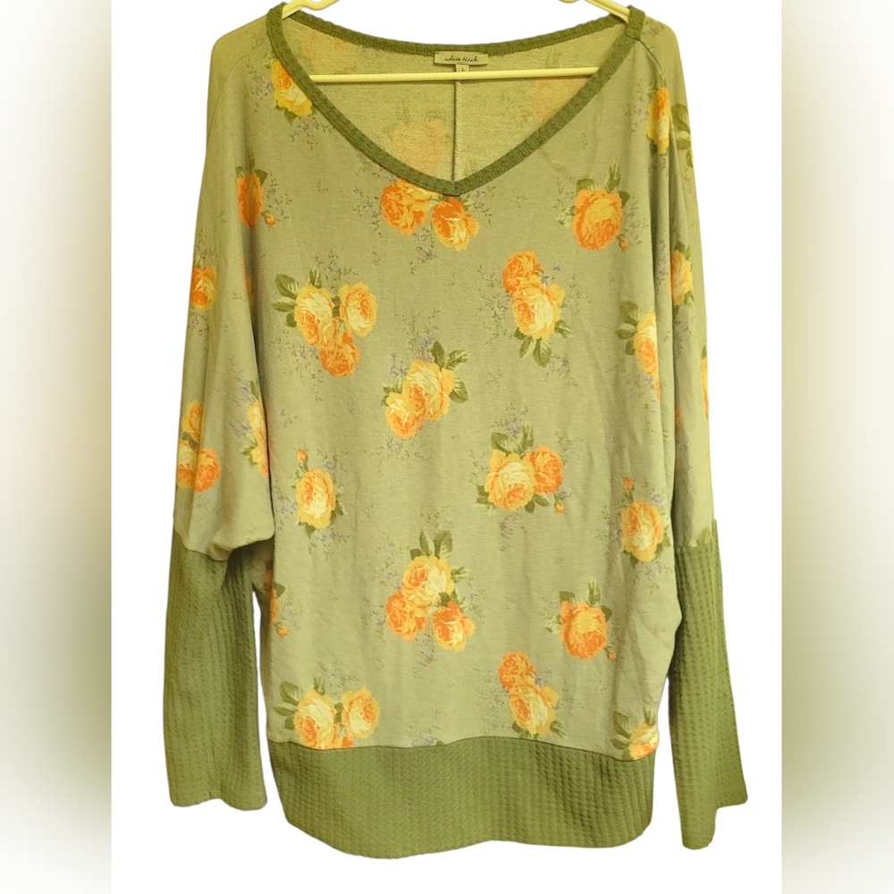 White Birch Women's Floral Waffle Knit Cottagecore V-Neck Oversized Pullover, L